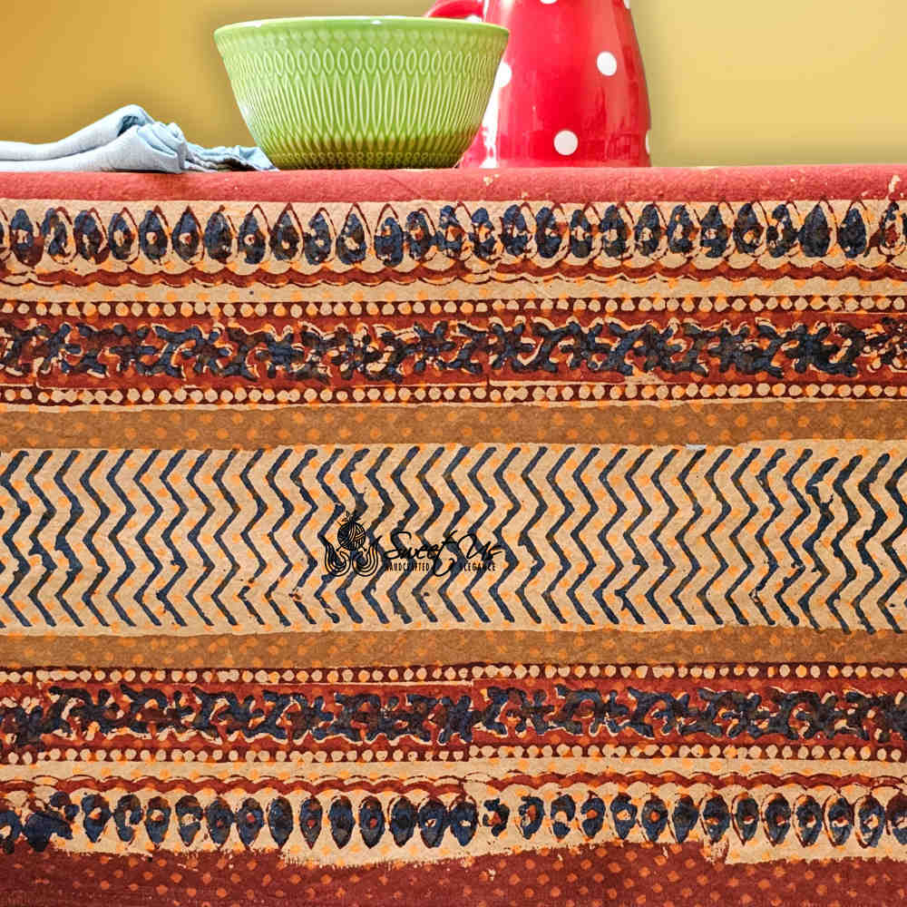 Vintage Diamond Floral Cotton Block Print Tablecloth Rectangle, Rustic Allure - Sweet Us
