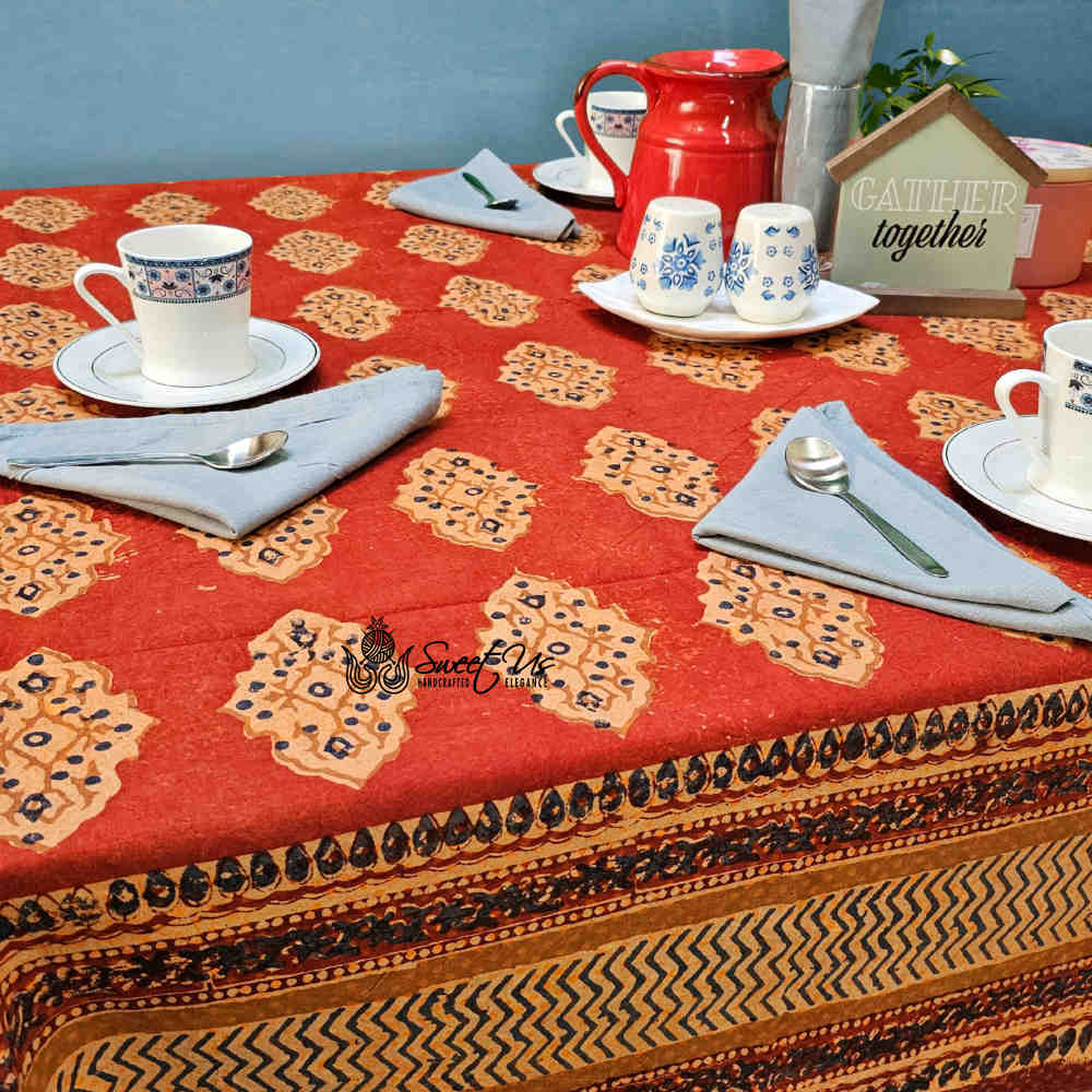 Cotton Vintage Diamond Block Print Tablecloth Collection, Napkin, Rust