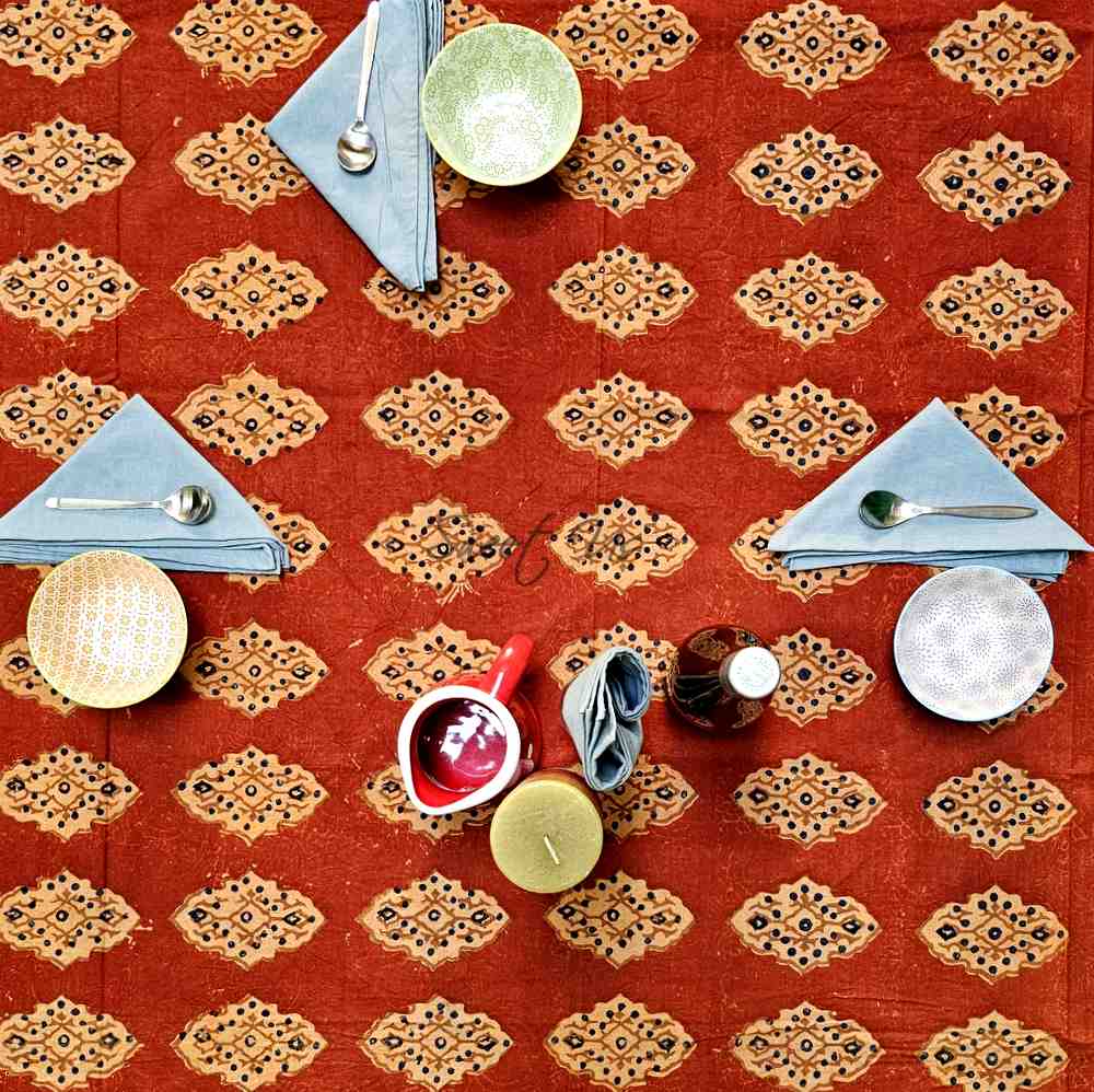 Cotton Vintage Diamond Block Print Tablecloth Collection, Napkin, Rust