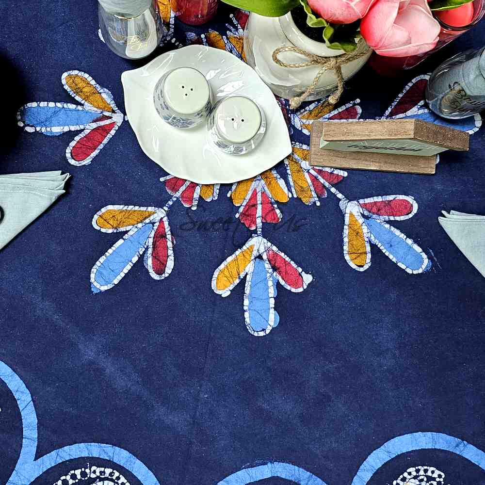 Cotton Batik Paisley Oasis Floral Tablecloth Collection, Sapphire Night