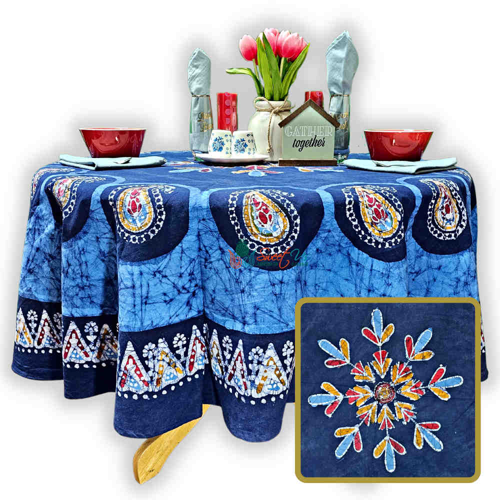 Cotton Batik Paisley Oasis Floral Tablecloth Collection, Sapphire Night