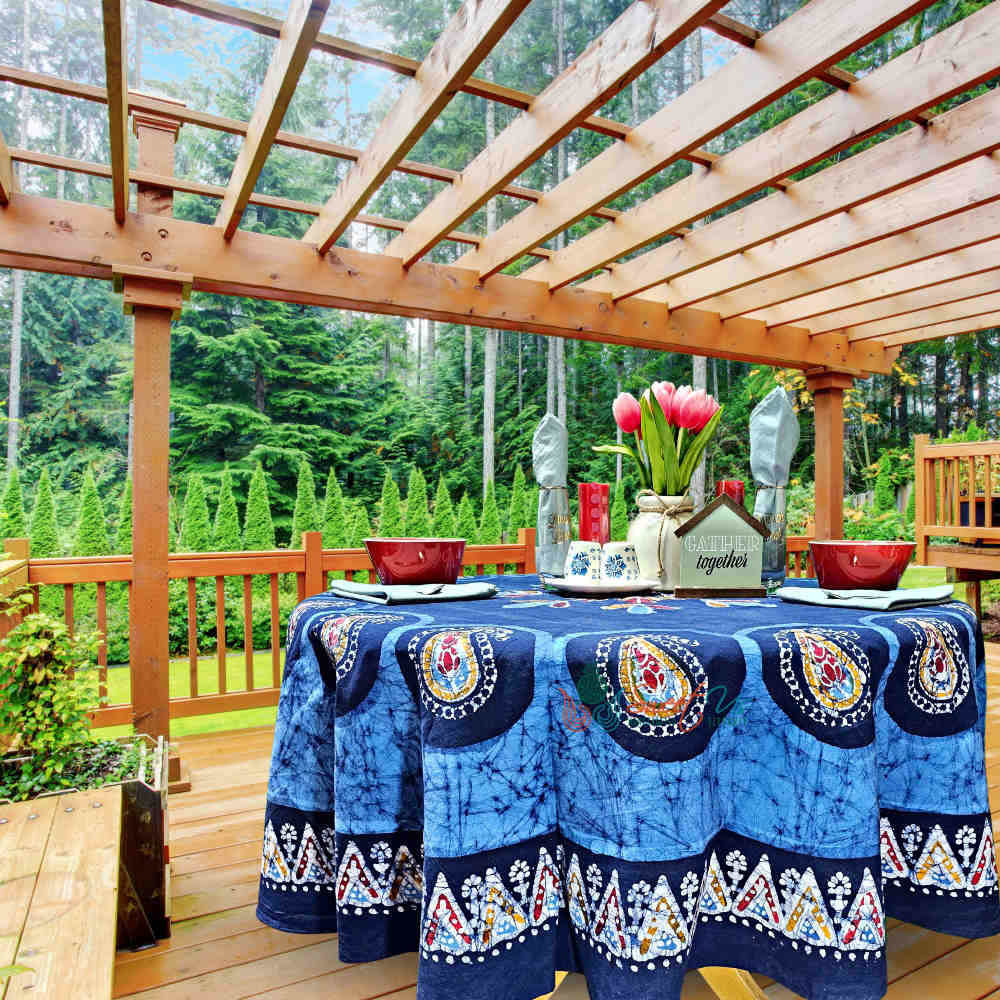 Cotton Batik Paisley Oasis Floral Tablecloth Collection, Sapphire Night