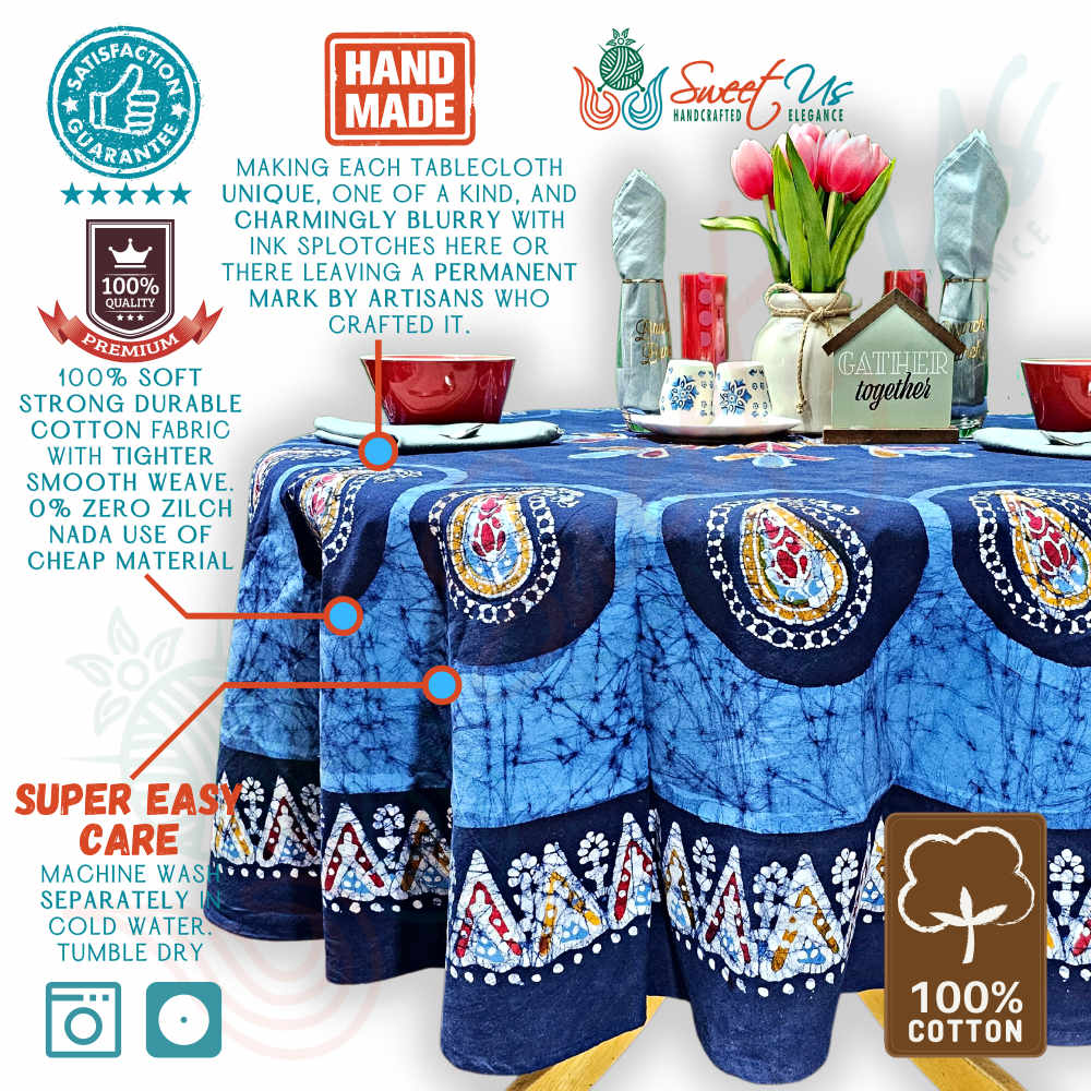 Cotton Batik Paisley Oasis Floral Tablecloth Collection, Sapphire Night