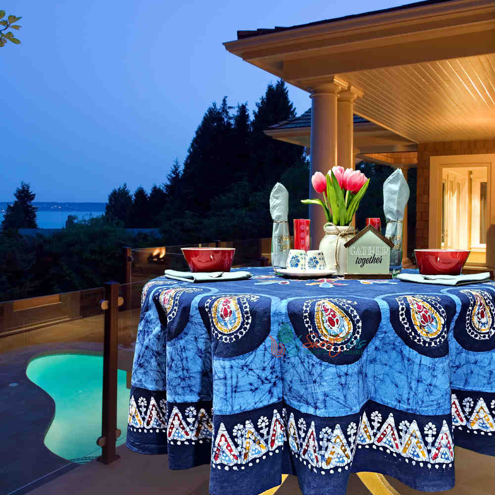 Cotton Batik Paisley Oasis Floral Tablecloth Collection, Sapphire Night