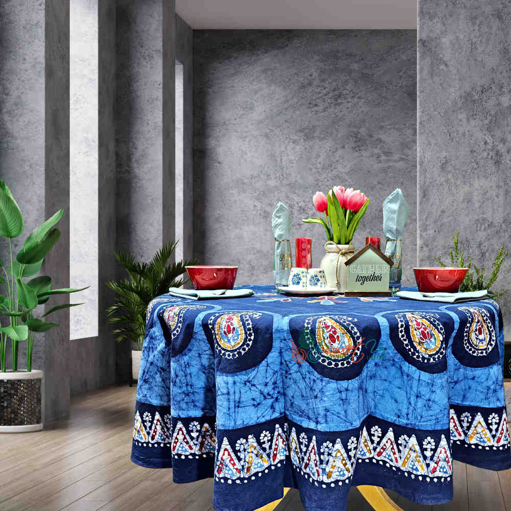 Cotton Batik Paisley Oasis Floral Tablecloth Collection, Sapphire Night