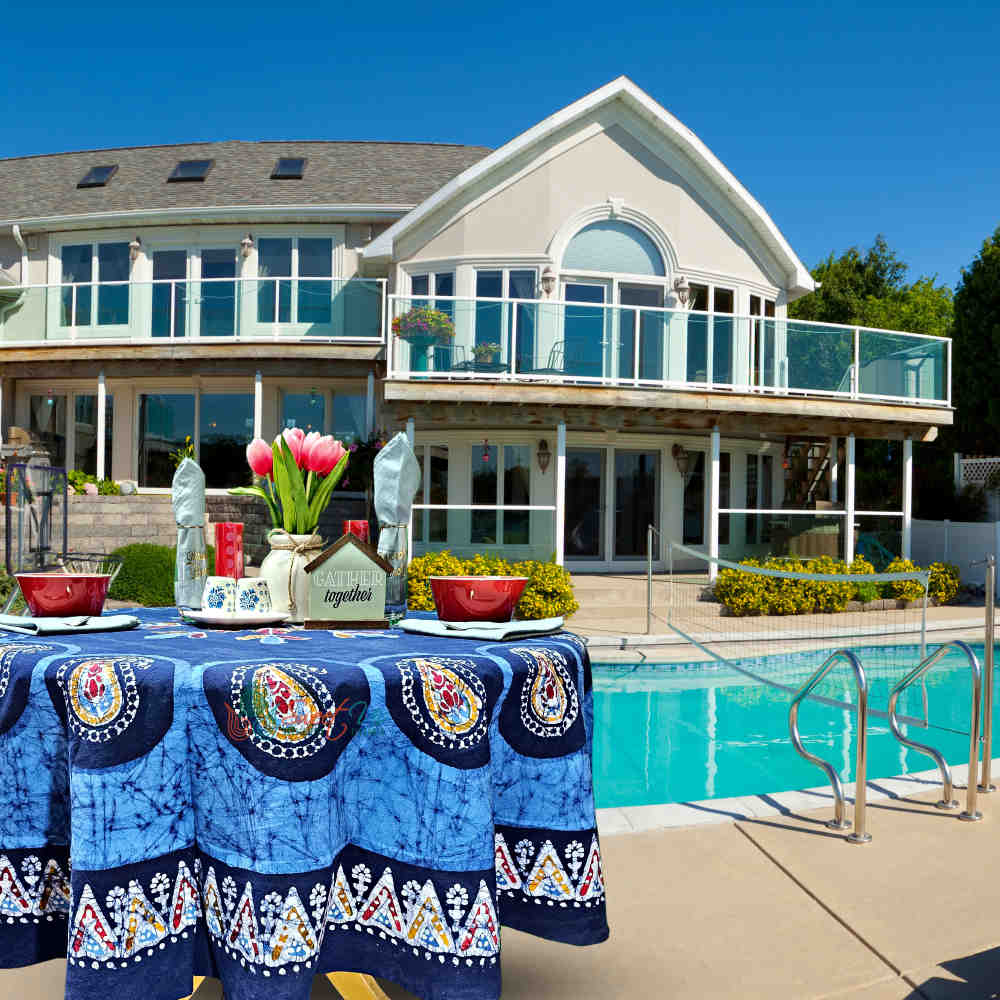 Cotton Batik Paisley Oasis Floral Tablecloth Collection, Sapphire Night