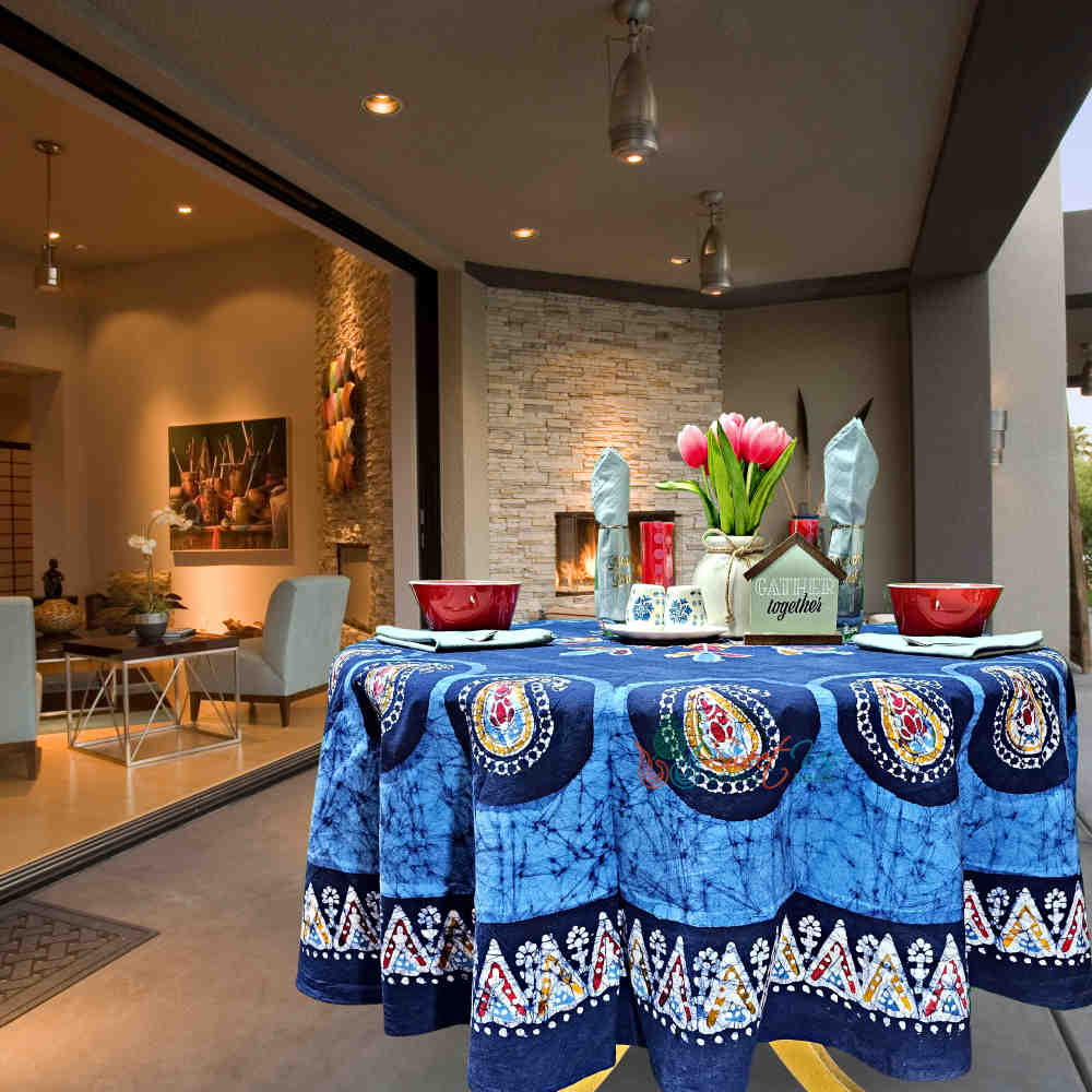 Cotton Batik Paisley Oasis Floral Tablecloth Collection, Sapphire Night