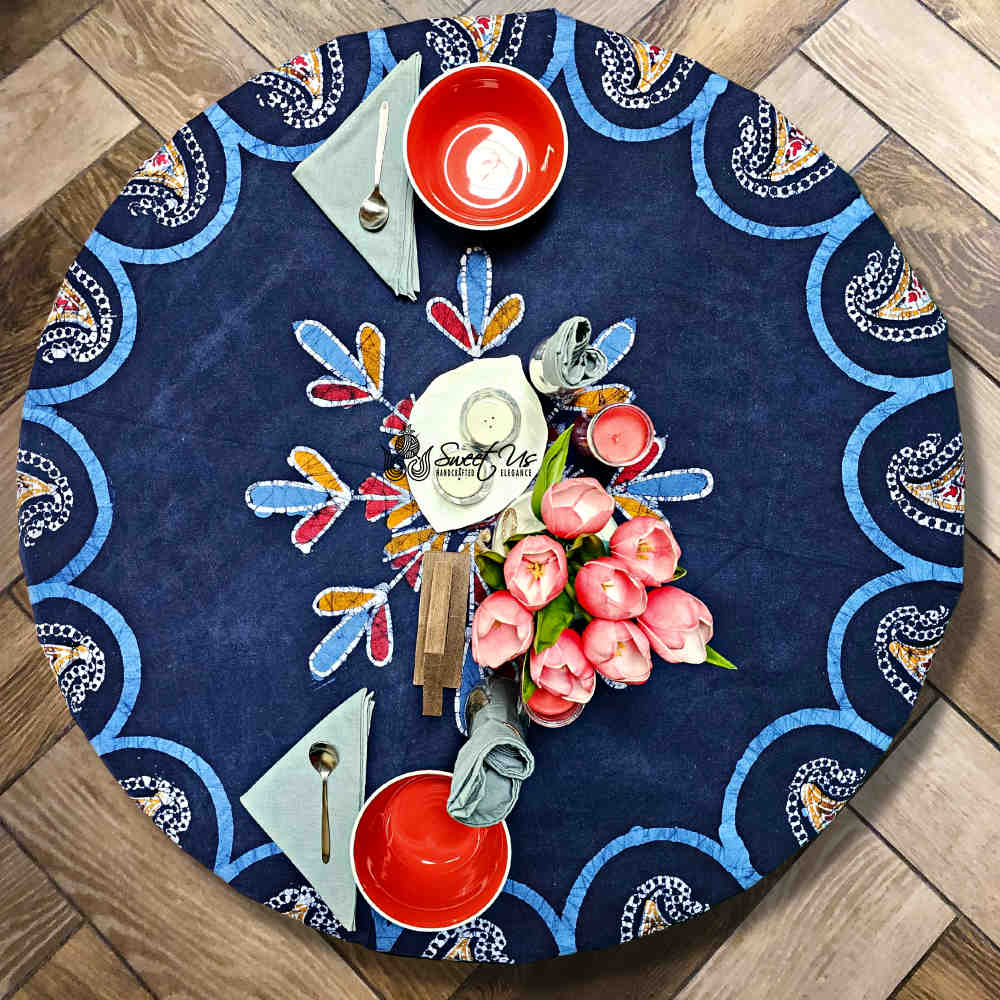 Cotton Batik Paisley Oasis Floral Tablecloth Collection, Sapphire Night