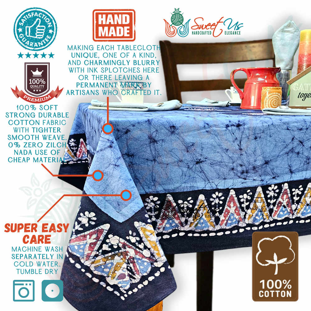 Cotton Batik Paisley Oasis Floral Tablecloth Collection, Sapphire Night