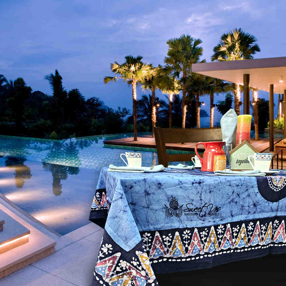 Cotton Batik Paisley Oasis Floral Tablecloth Collection, Sapphire Night