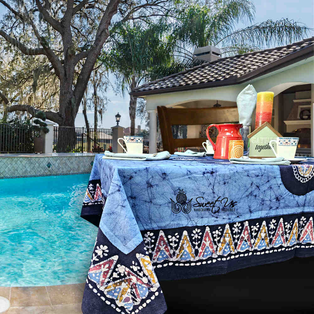 Cotton Batik Paisley Oasis Floral Tablecloth Collection, Sapphire Night - Sweet Us