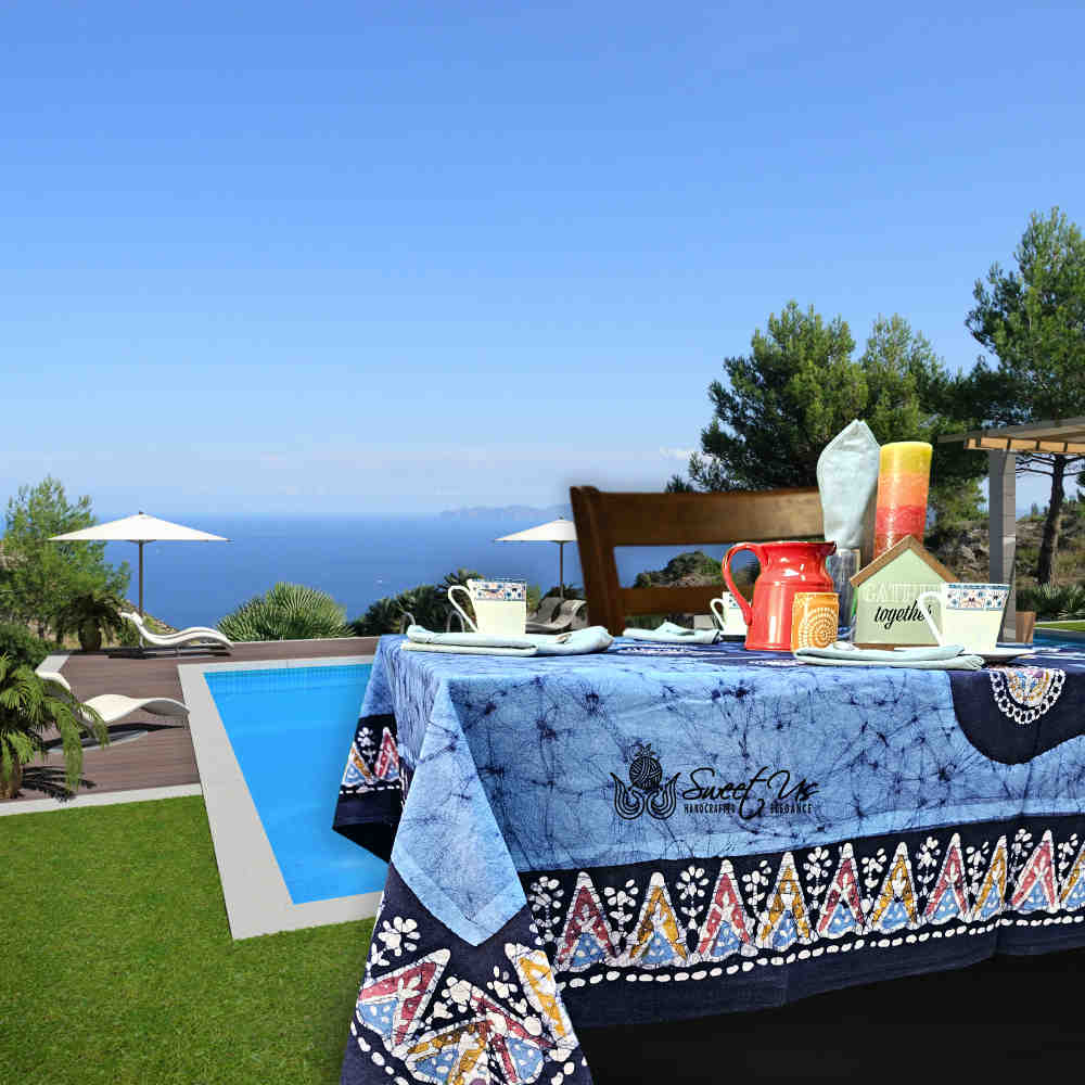 Cotton Batik Paisley Oasis Floral Tablecloth Collection, Sapphire Night