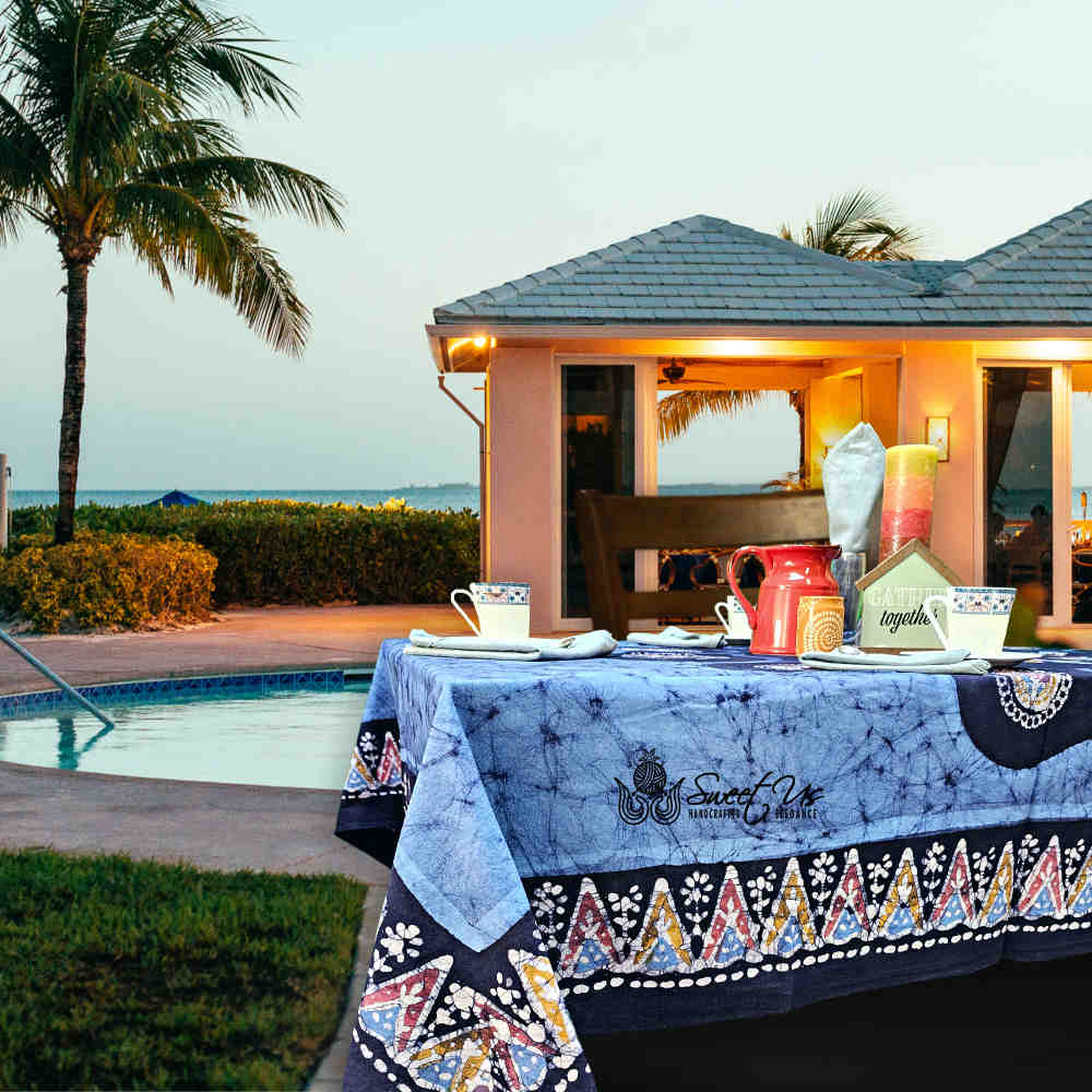 Cotton Batik Paisley Oasis Floral Tablecloth Collection, Sapphire Night