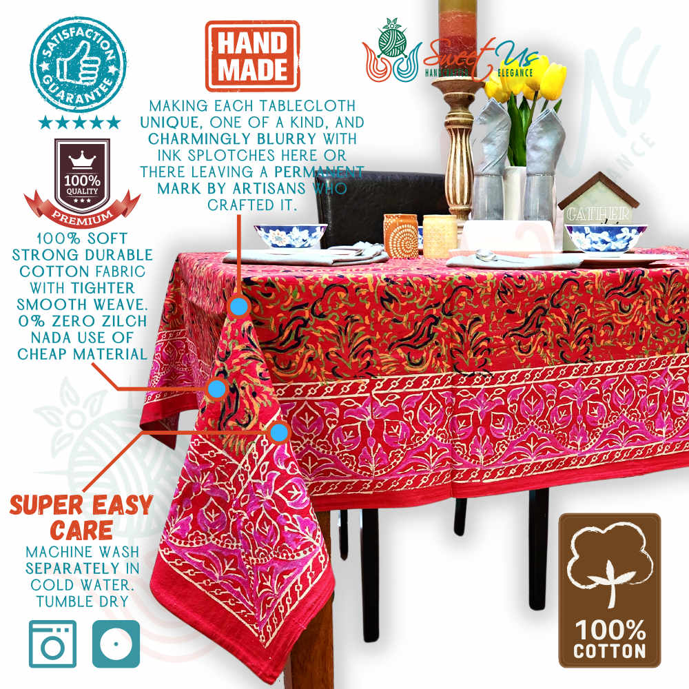 Scarlet Bloom Cotton Floral Tablecloth Square, Crimson Dreams