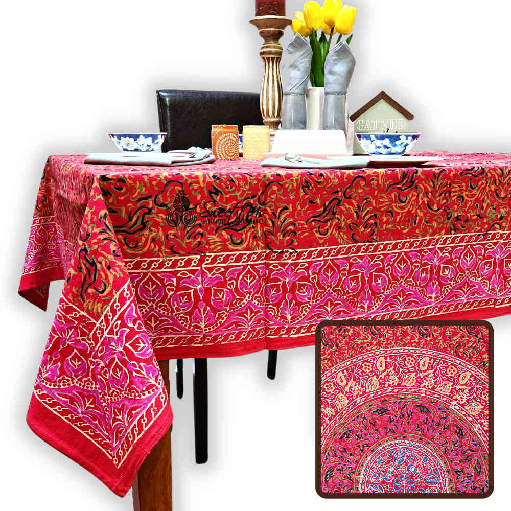 Scarlet Bloom Cotton Floral Tablecloth Rectangle, Crimson Dreams