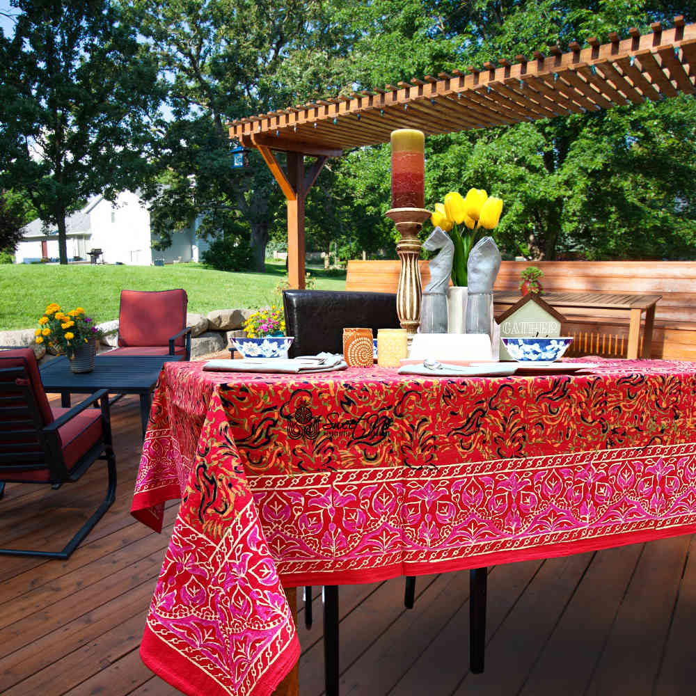 Scarlet Bloom Cotton Floral Tablecloth Square, Crimson Dreams