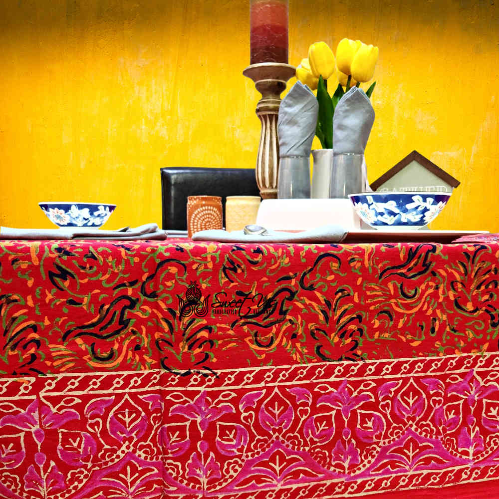 Scarlet Bloom Cotton Floral Tablecloth Square, Crimson Dreams