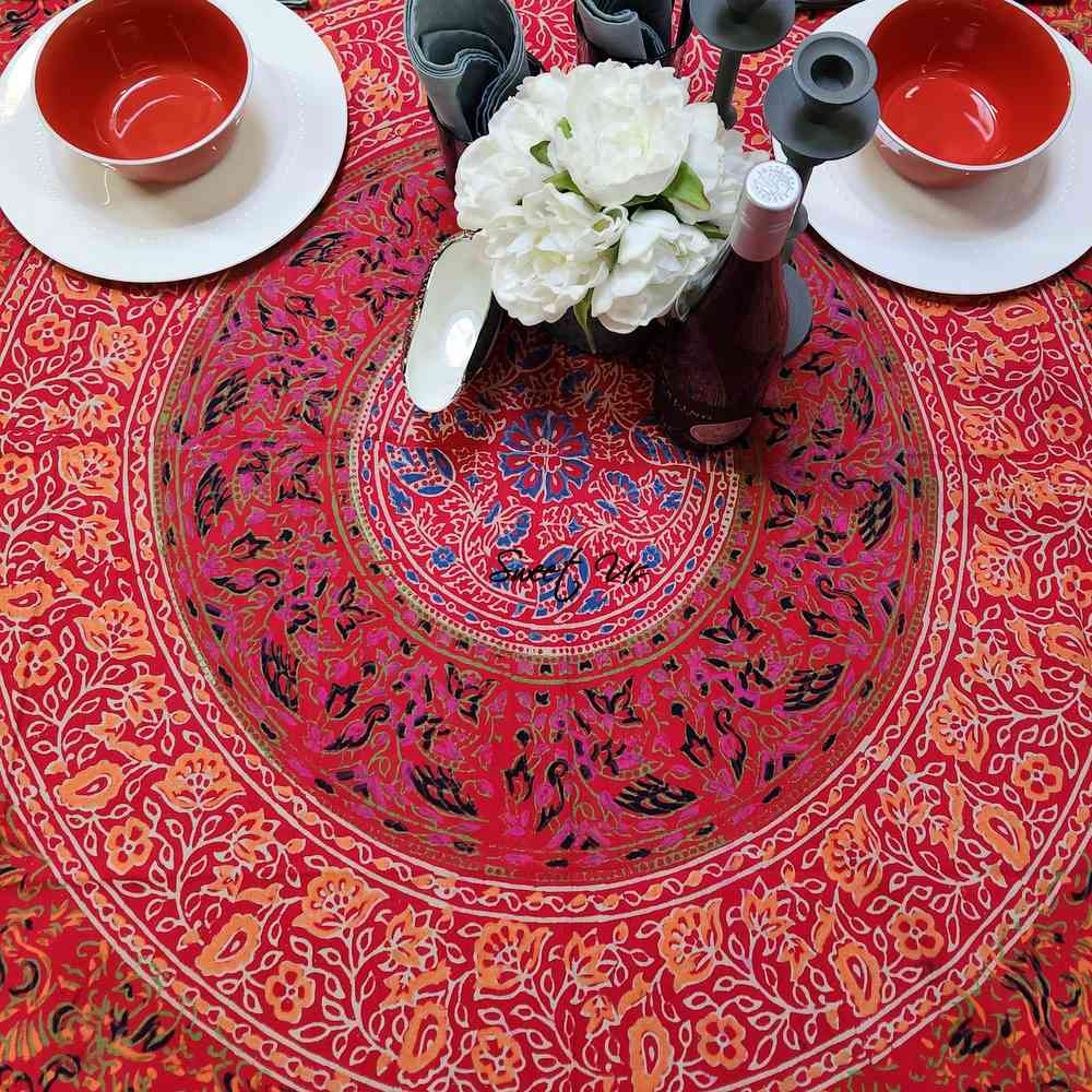 Scarlet Bloom Cotton Floral Tablecloth Square, Crimson Dreams