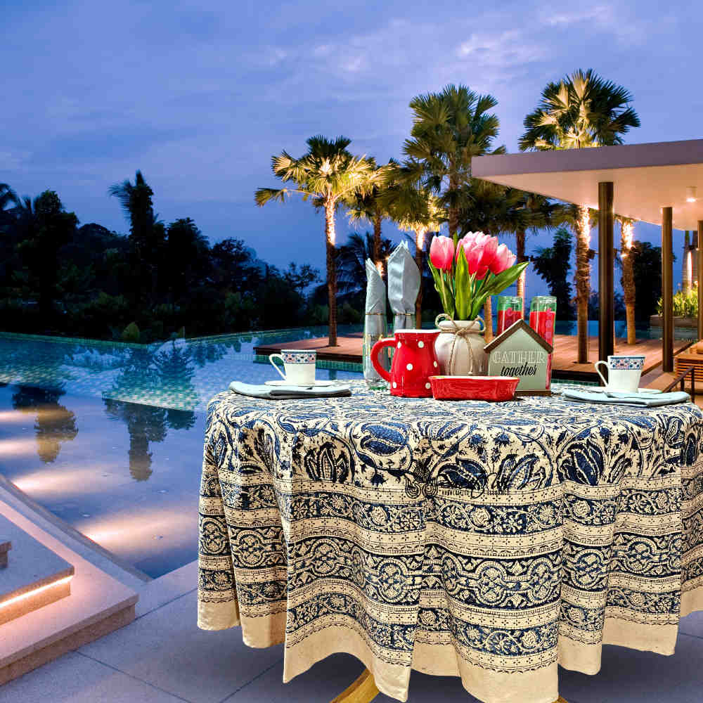 Cotton Vegetable Dye Hand Block Print Tablecloth Collection, Blue