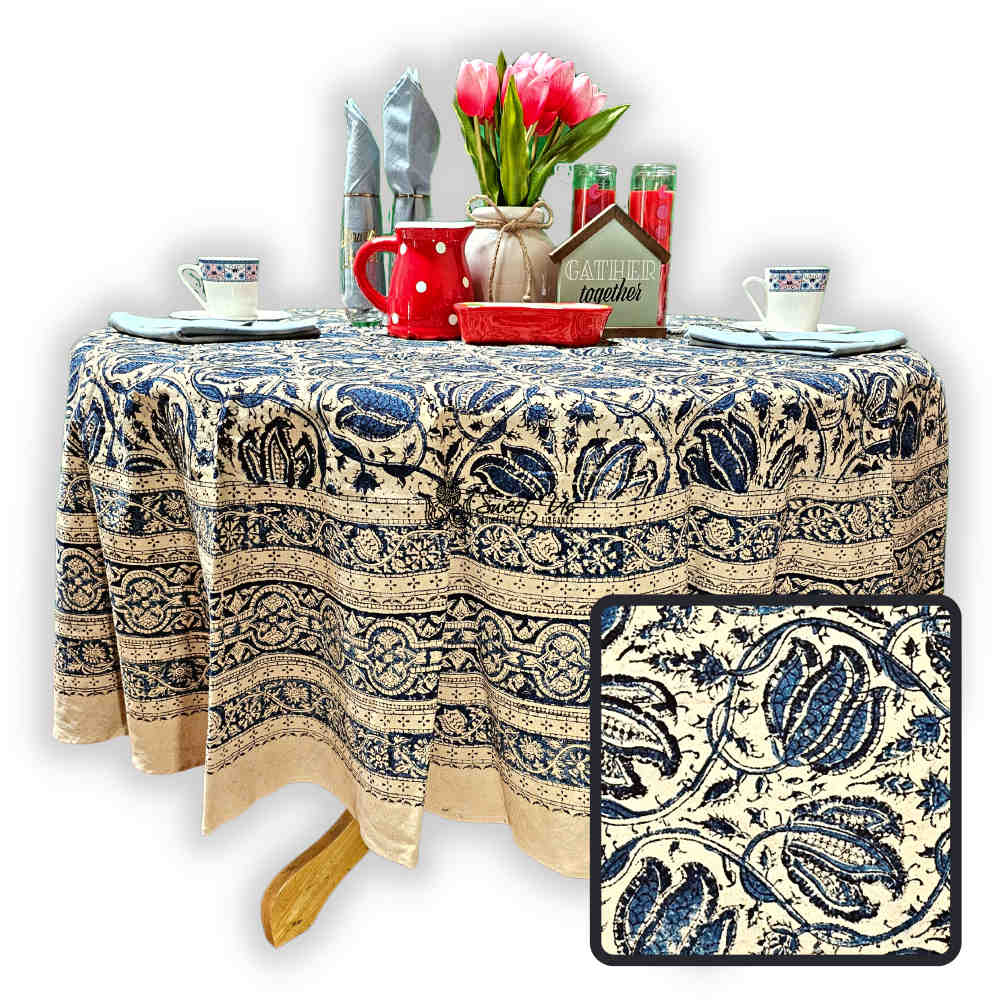 Cotton Vegetable Dye Hand Block Print Tablecloth Collection, Blue