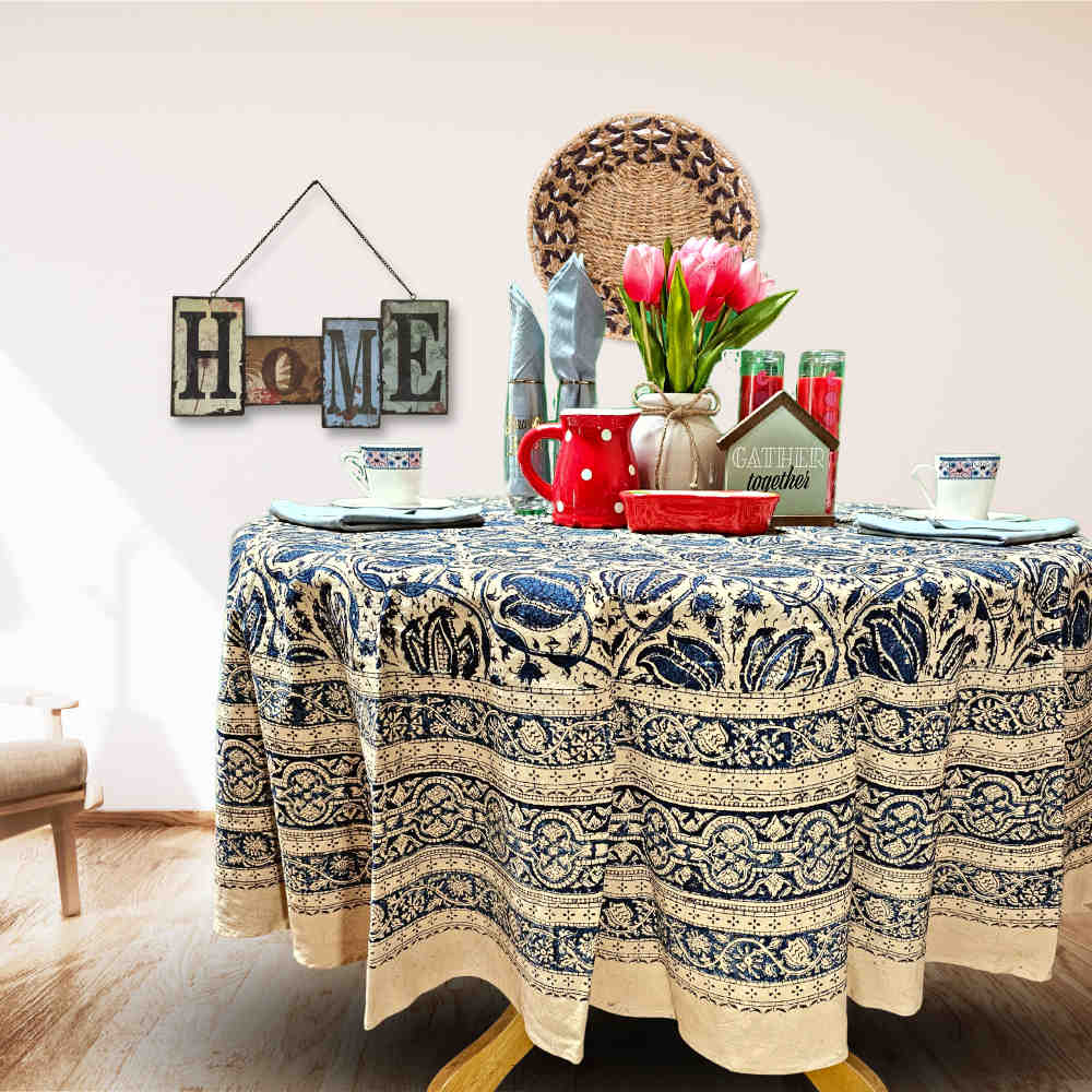 Cotton Vegetable Dye Hand Block Print Tablecloth Collection, Blue