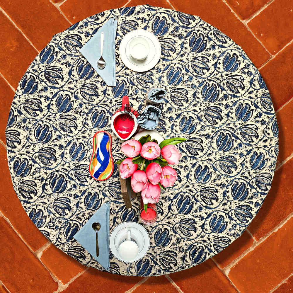 Cotton Vegetable Dye Hand Block Print Tablecloth Collection, Blue