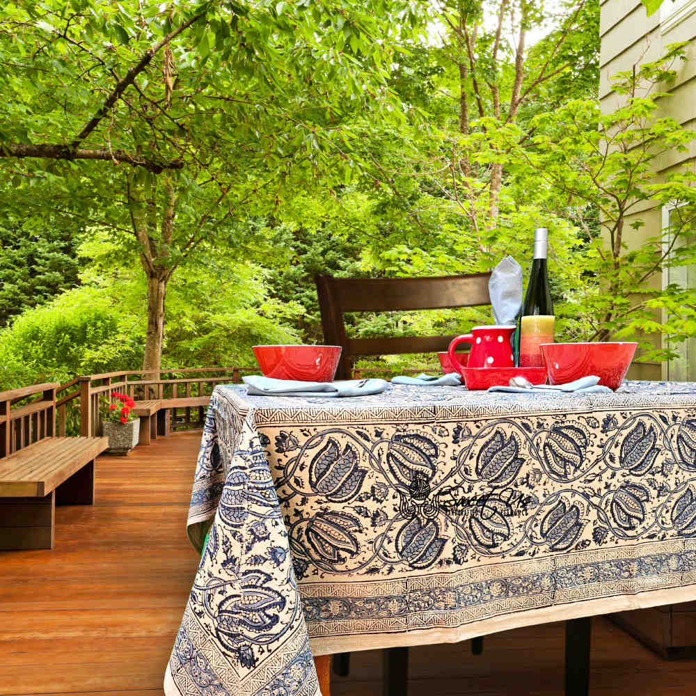 Cotton Vegetable Dye Hand Block Print Tablecloth Collection, Blue