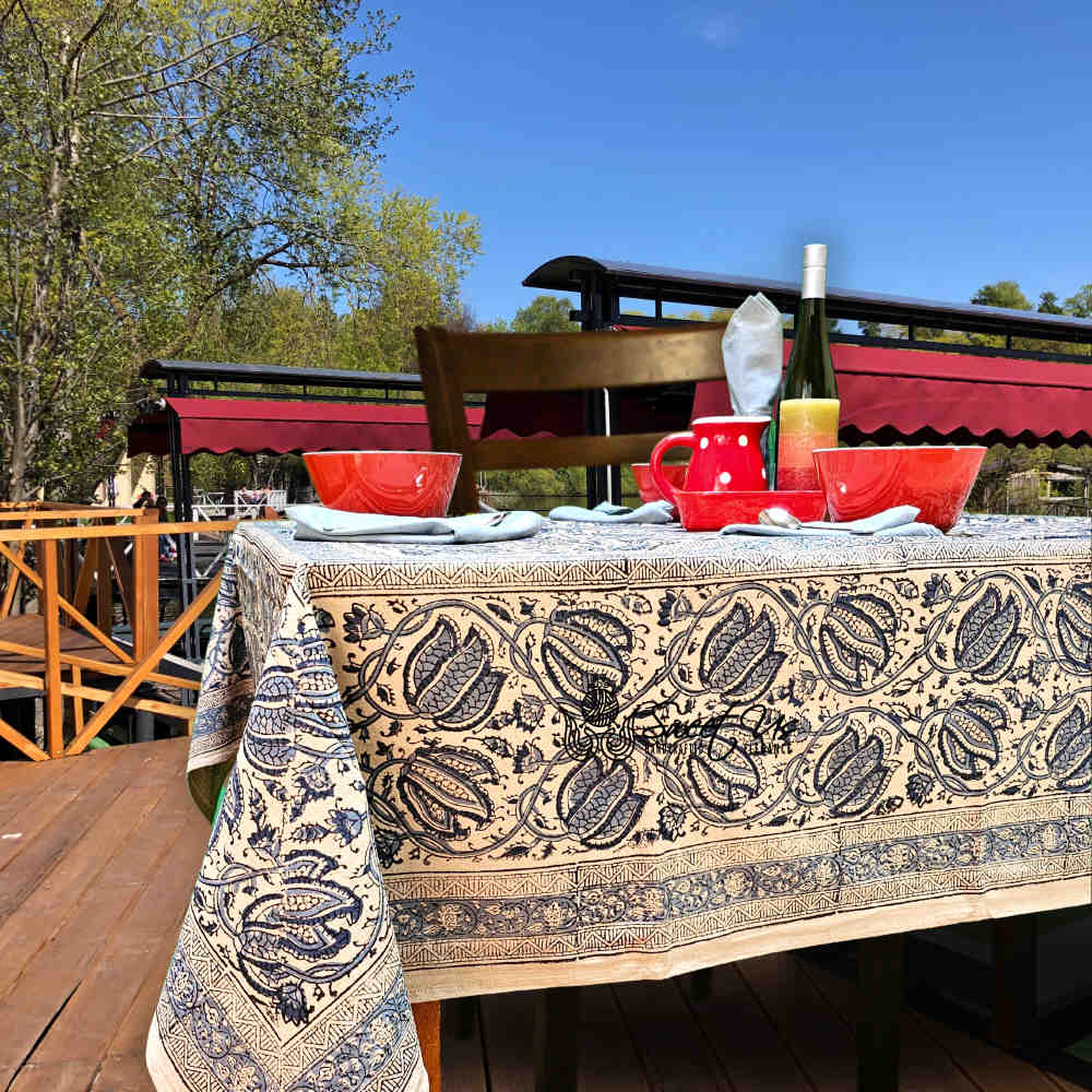 Cotton Vegetable Dye Hand Block Print Tablecloth Collection, Blue