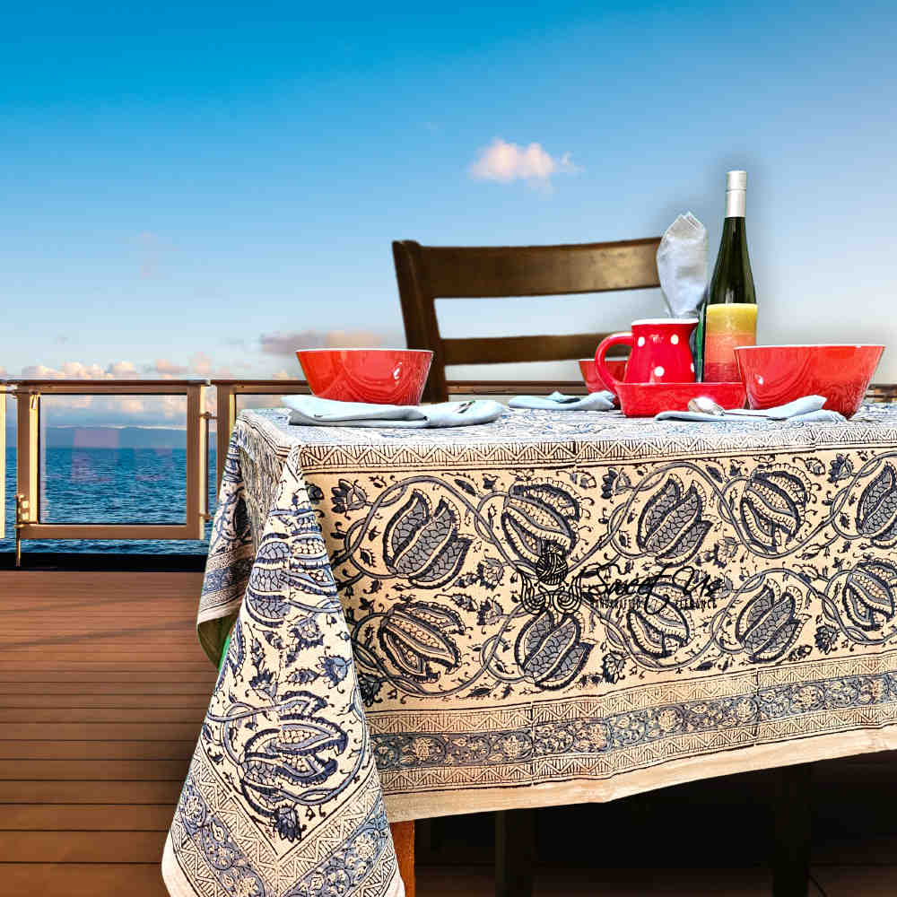 Cotton Vegetable Dye Hand Block Print Tablecloth Collection, Blue - Sweet Us
