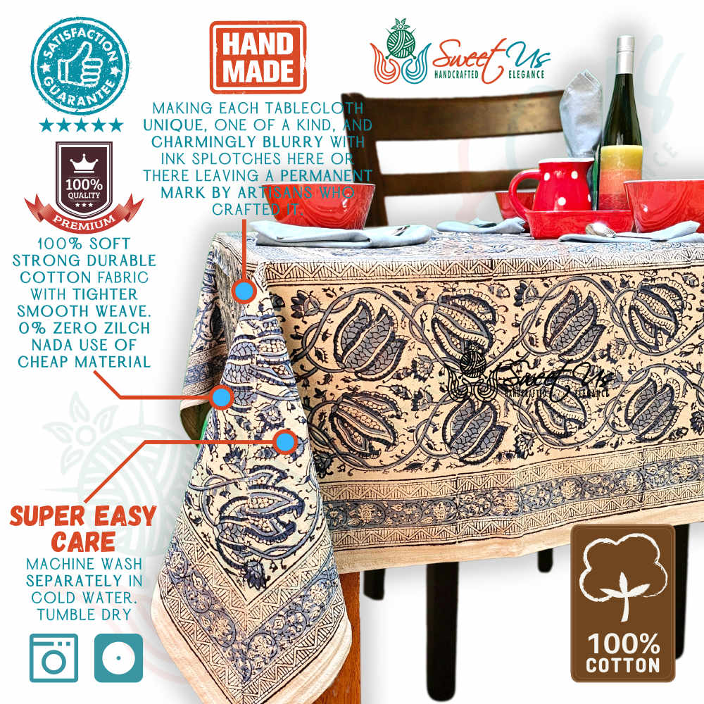 Cotton Vegetable Dye Hand Block Print Tablecloth Collection, Blue