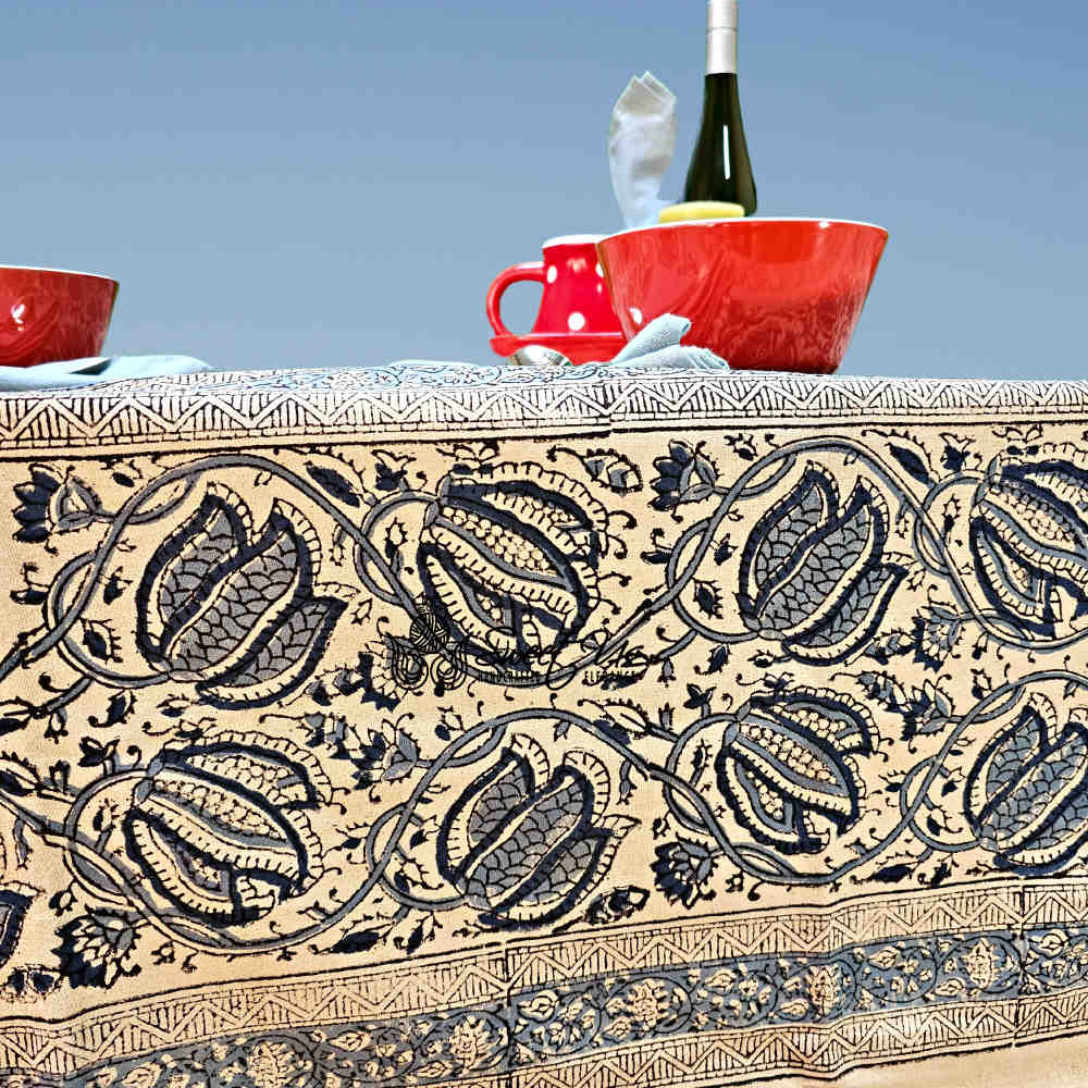 Cotton Vegetable Dye Hand Block Print Tablecloth Collection, Blue