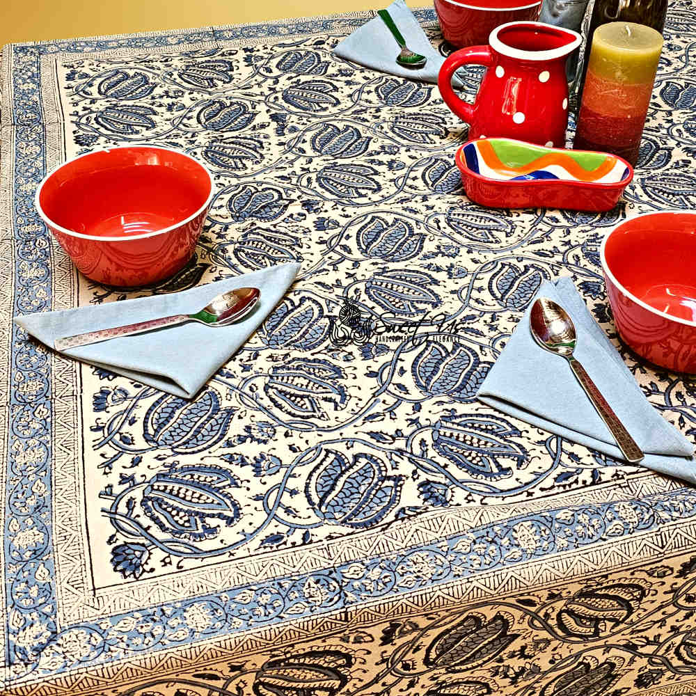 Cotton Vegetable Dye Hand Block Print Tablecloth Collection, Blue