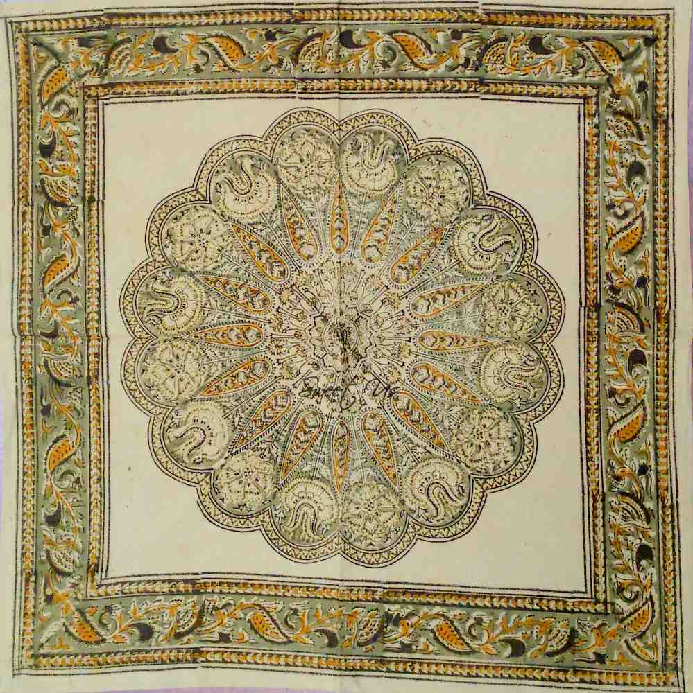 Vegetable Dye Hand Block Print Floral Cotton Tablecloth Collection, Green