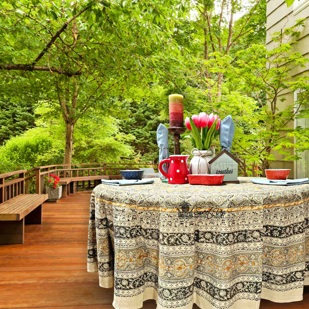 Vegetable Dye Hand Block Print Floral Cotton Tablecloth Collection, Green