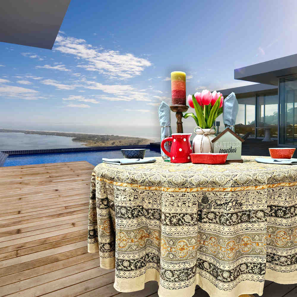 Vegetable Dye Hand Block Print Floral Cotton Tablecloth Collection, Green