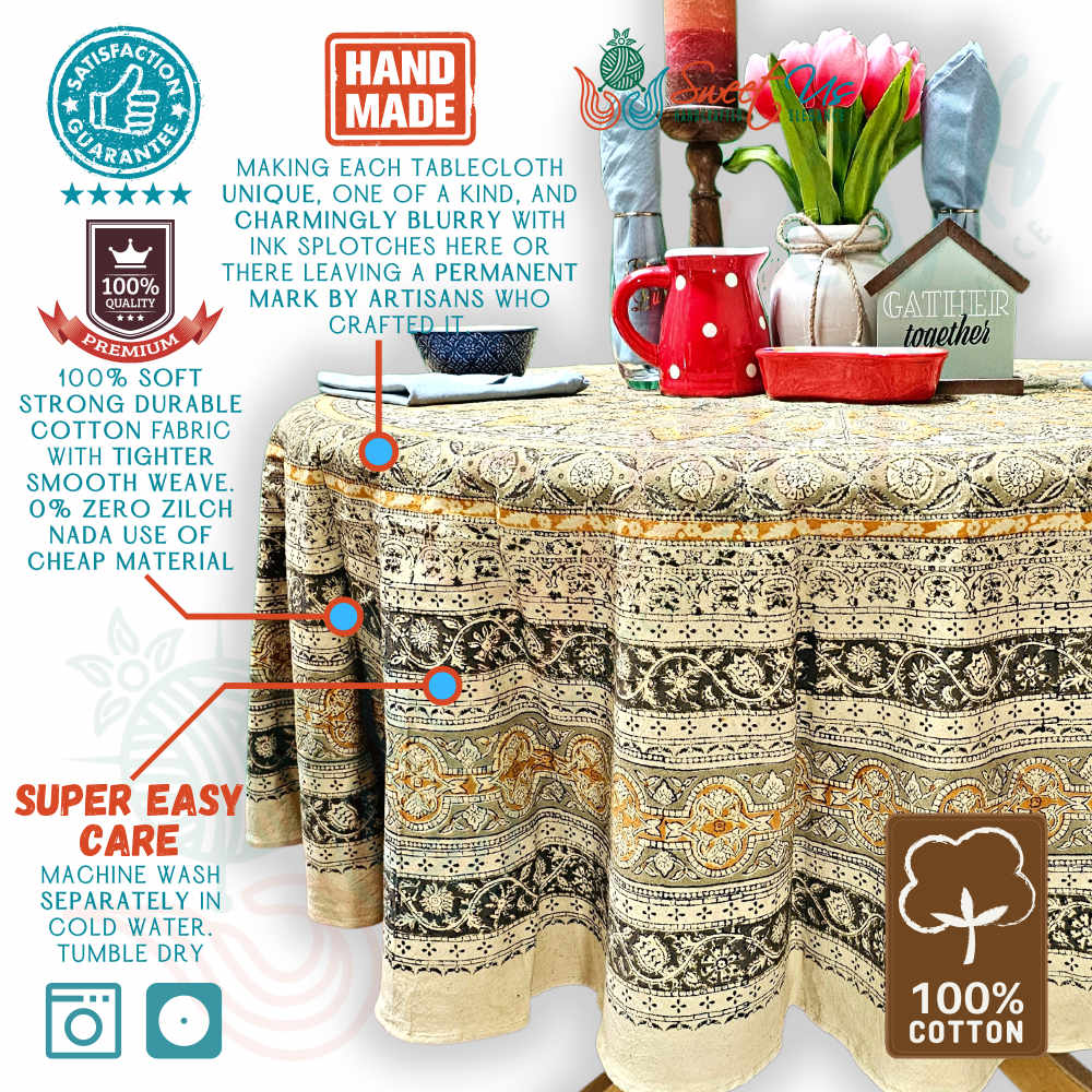 Vegetable Dye Hand Block Print Floral Cotton Tablecloth Collection, Green