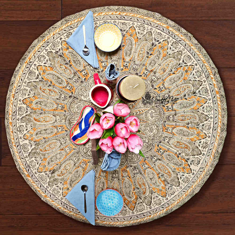 Vegetable Dye Hand Block Print Floral Cotton Tablecloth Collection, Green