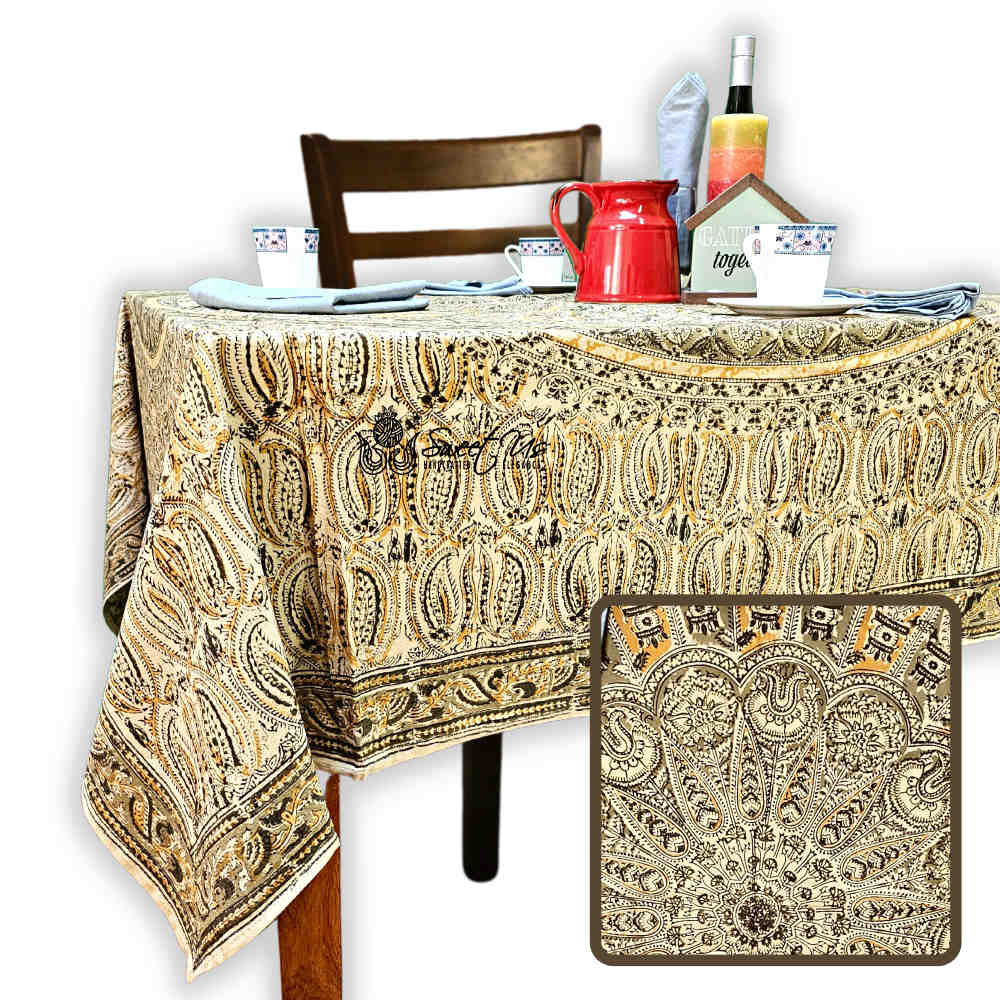 Vegetable Dye Hand Block Print Floral Cotton Tablecloth Collection, Green