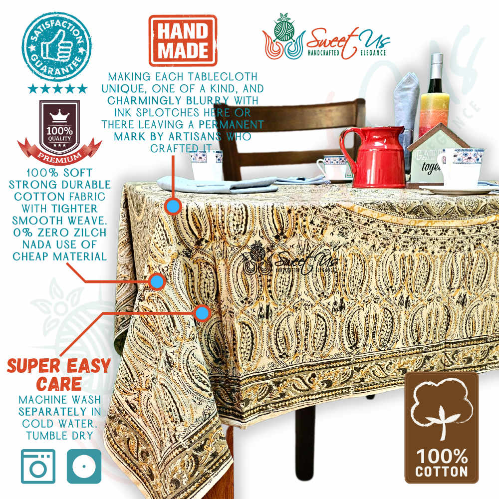 Vegetable Dye Hand Block Print Floral Cotton Tablecloth Collection, Green