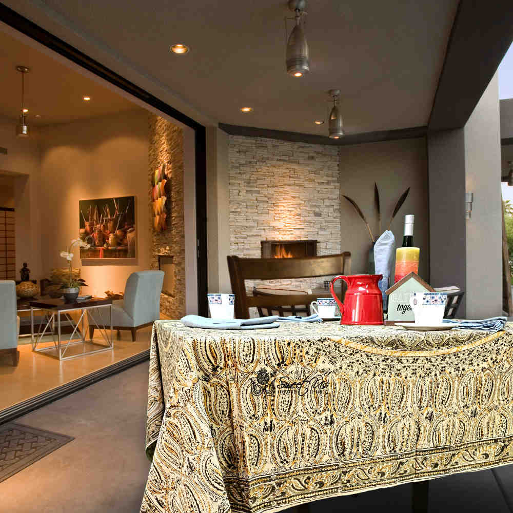 Vegetable Dye Hand Block Print Floral Cotton Tablecloth Collection, Green