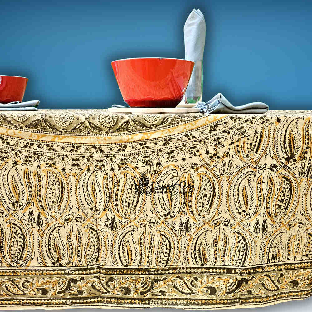 Vegetable Dye Hand Block Print Floral Cotton Tablecloth Collection, Green