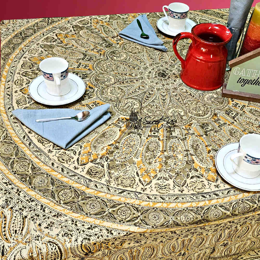 Vegetable Dye Hand Block Print Floral Cotton Tablecloth Collection, Green