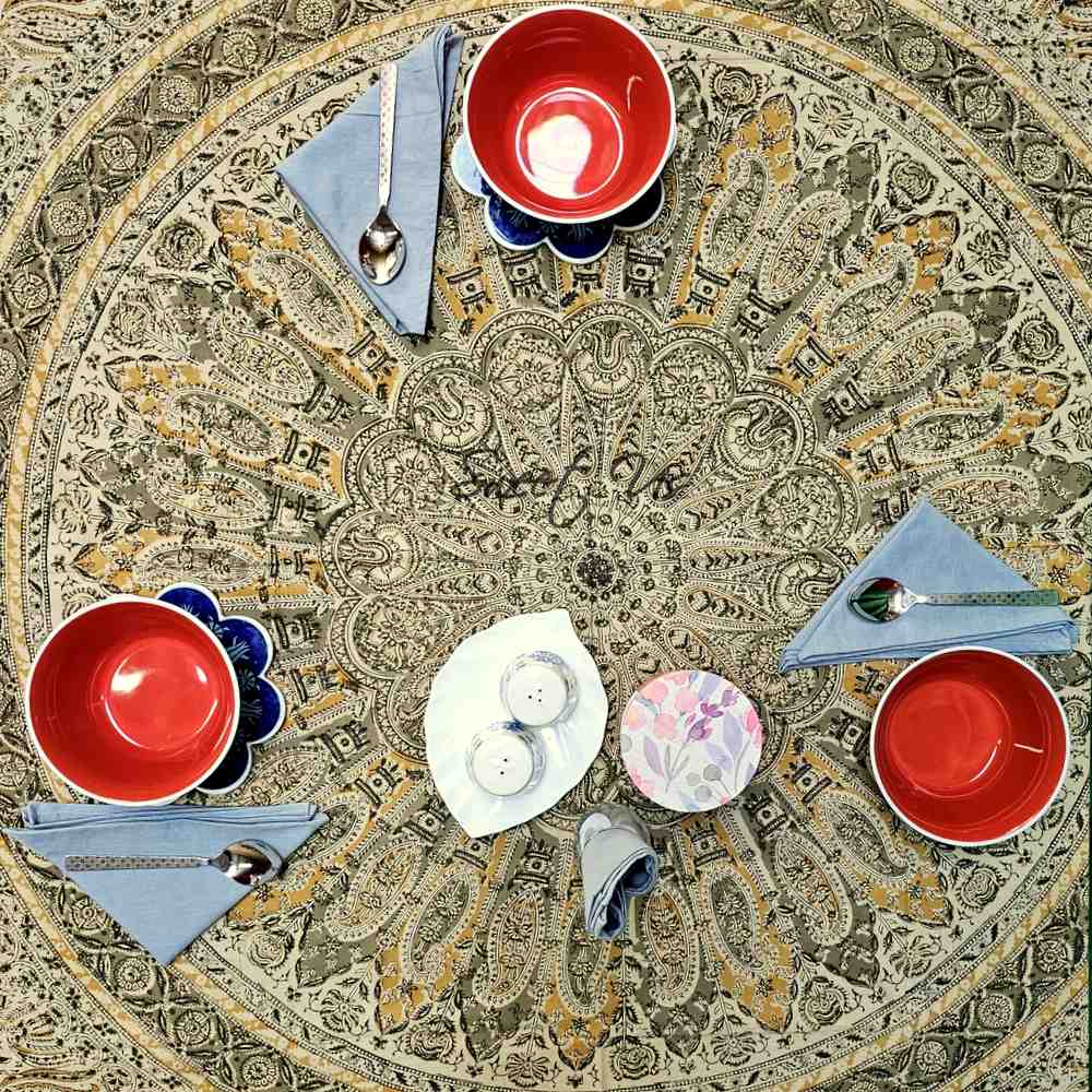 Vegetable Dye Hand Block Print Floral Cotton Tablecloth Collection, Green