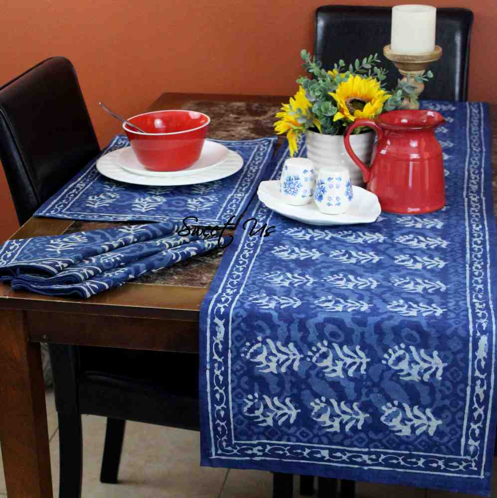 Chiara Block Print Tablecloth Rectangle, Table Linen Collection, Indigo Blue