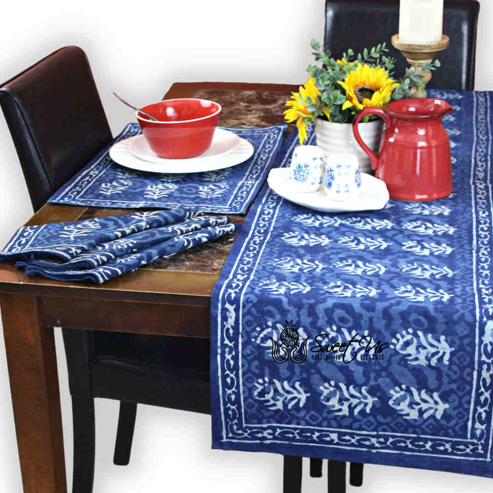 Chiara Block Print Tablecloth Rectangle, Table Linen Collection, Indigo Blue