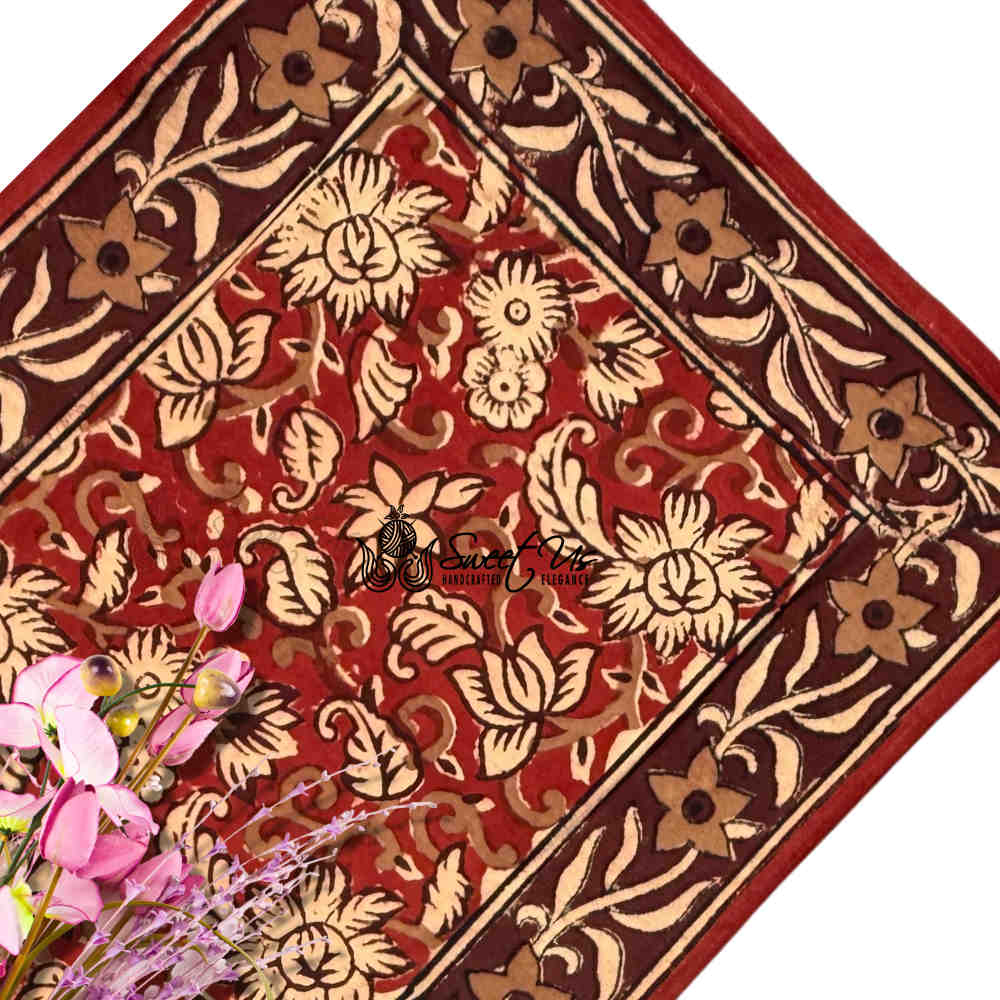 Marigold Radiance Floral Cotton Block Print Placemat, Ruby Terracotta