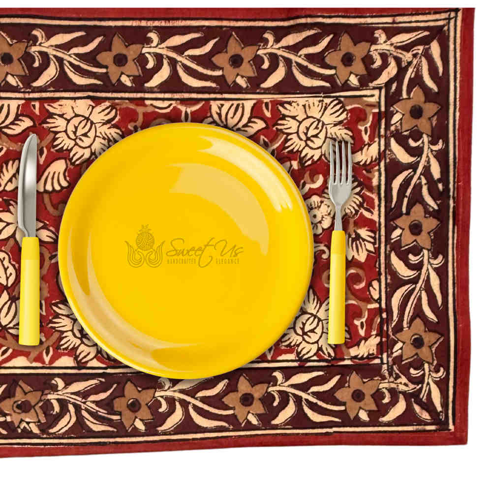 Marigold Radiance Floral Cotton Block Print Placemat, Ruby Terracotta