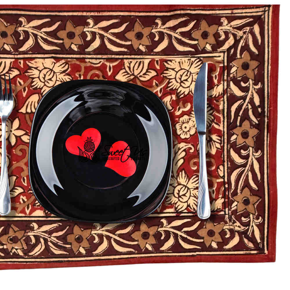Marigold Radiance Floral Cotton Block Print Placemat, Ruby Terracotta
