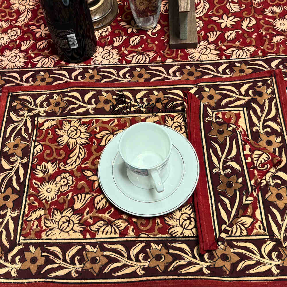 Marigold Radiance Floral Cotton Block Print Placemat, Ruby Terracotta