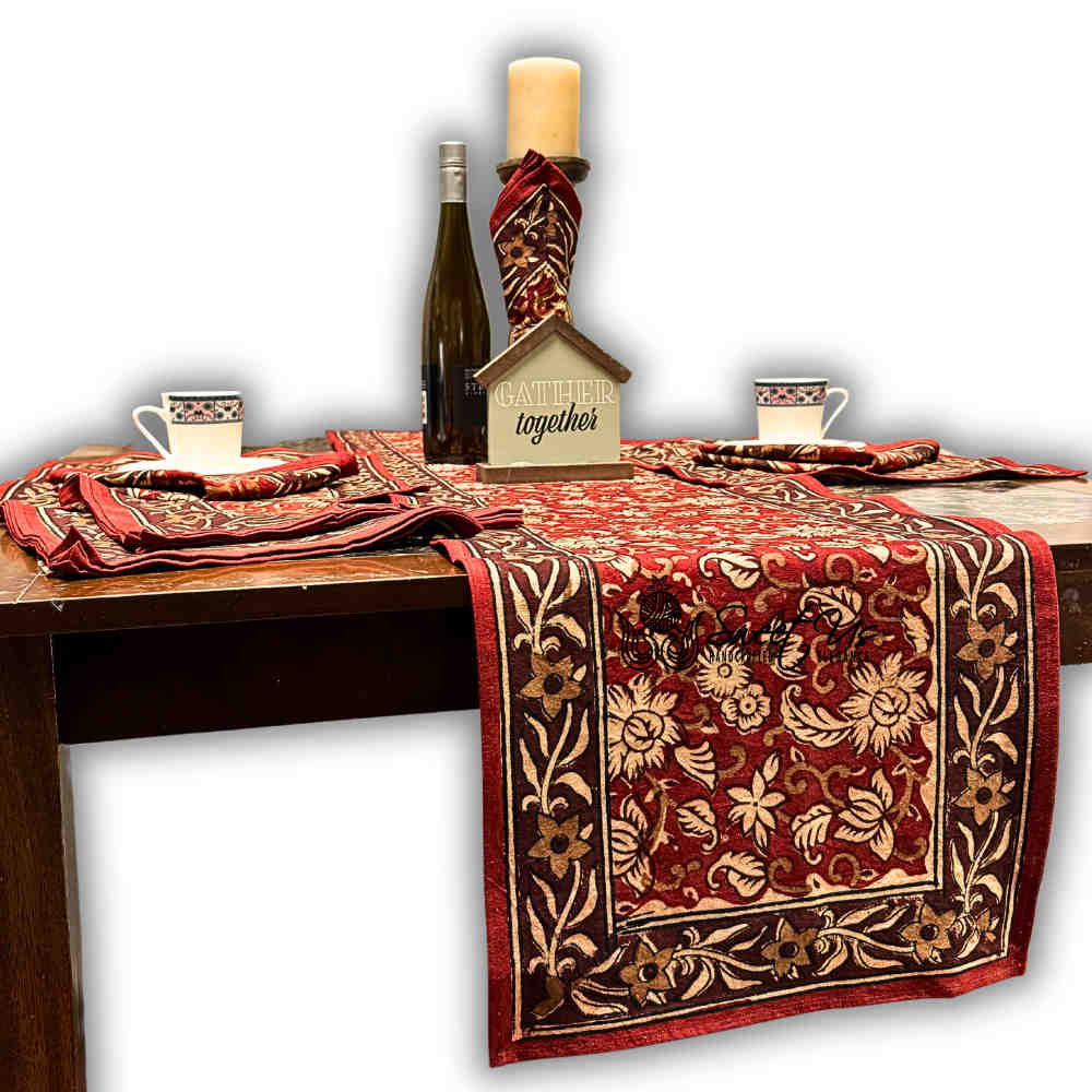 Marigold Radiance Floral Cotton Block Print Table Runner, Ruby Terracotta